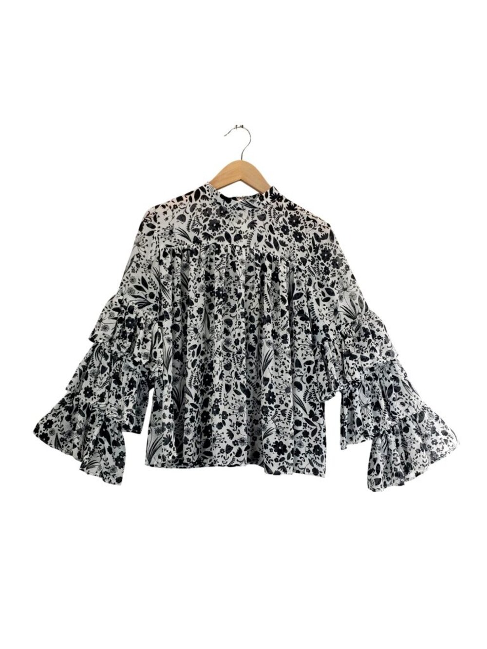 Womens Floral Flouncy Sleeve Blouse M Nanette LePore White Ruffled Tiered Sleeve